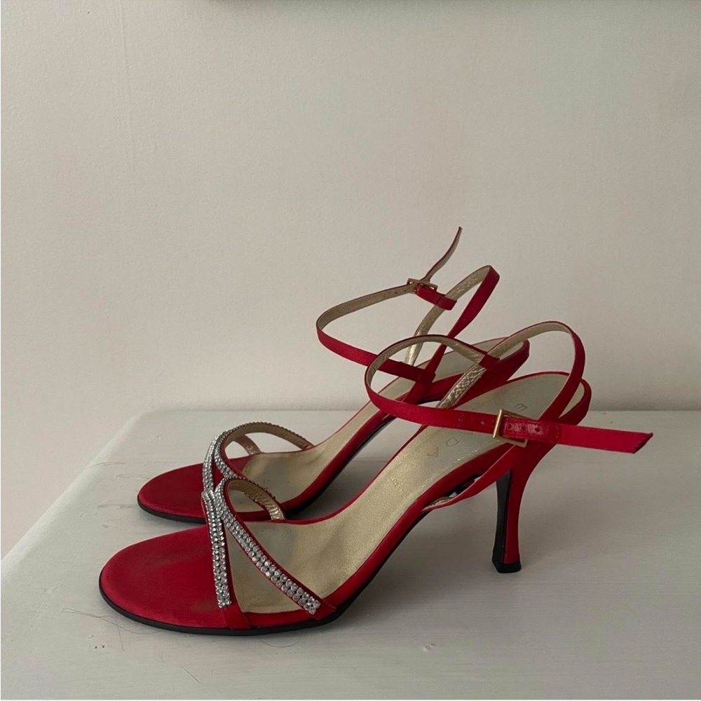 Vintage Escada Red strappy heel sandal with rhinestones.
